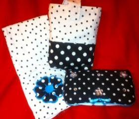 Black white dot with Teal blue accent Diaper Pouch set